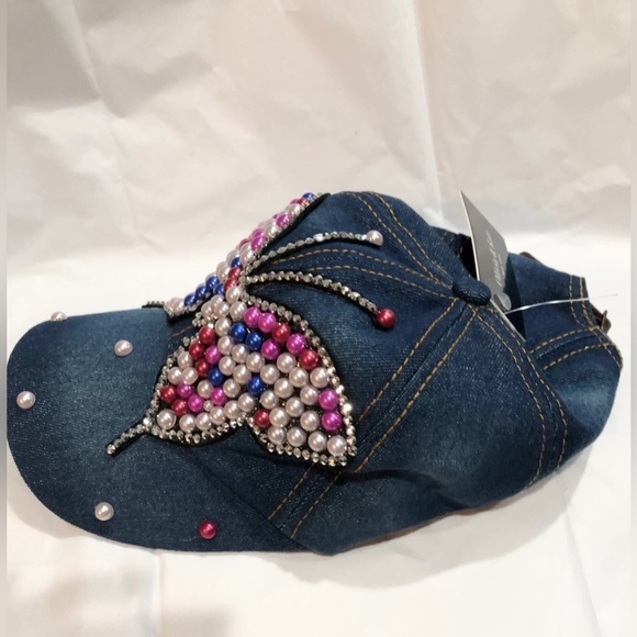 Denim red white pink pearl embellished rhinestone crystal butterfly baseball cap - Picture 4 of 14